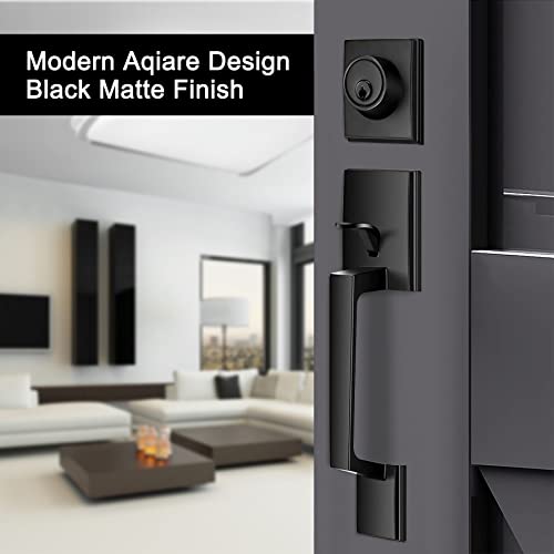 Door Handle Sets, Double Front Door Handle Set, Heavy Duty Matte Black Double Door Handleset with Dummy, Double Door Lock Set for Front Door Back Doors or Office Doors (Keyed And Dummy Handle Set)