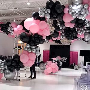 PartyWoo 140 pcs Black Pink and Silver Balloon Garland, Pack of Black, Pastel Pink, White and Silver Balloons for Balloon Garland as Birthday Decorations, Baby Shower Decorations, Wedding Decorations