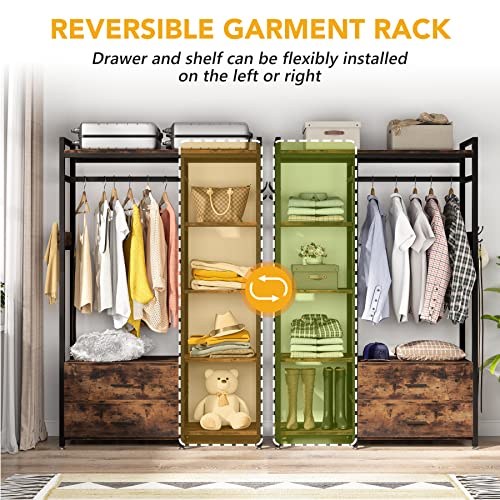 Tribesigns Freestanding Closet Organizer, Clothes Rack with Drawers and Shelves, Heavy Duty Garment Rack Hanging Clothing Wardrobe Storage Closet for Bedroom, Rustic Brown