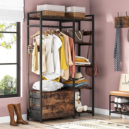 Tribesigns Freestanding Closet Organizer, Clothes Rack with Drawers and Shelves, Heavy Duty Garment Rack Hanging Clothing Wardrobe Storage Closet for Bedroom, Rustic Brown