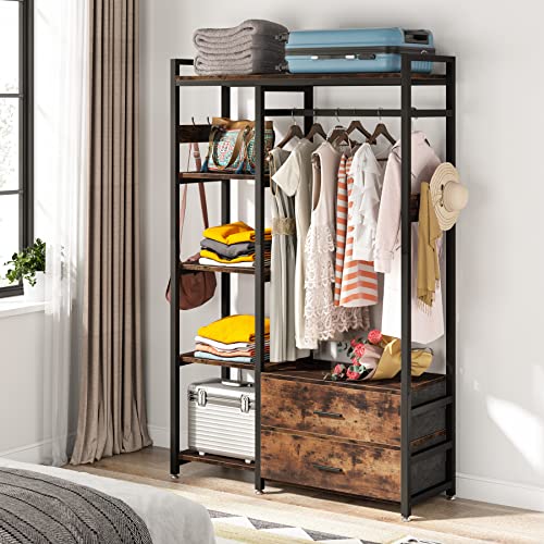 Tribesigns Freestanding Closet Organizer, Clothes Rack with Drawers and Shelves, Heavy Duty Garment Rack Hanging Clothing Wardrobe Storage Closet for Bedroom, Rustic Brown