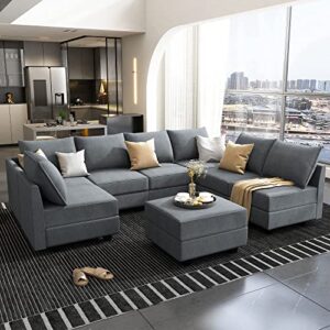 honbay reversible sectional modular sofa couch with ottoman u shaped sectional sleeper sofa with storage oversized sectional sofa with wide chaise for living room, bluish grey