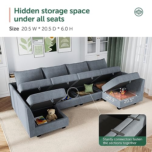 HONBAY Reversible Sectional Modular Sofa Couch with Ottoman U Shaped Sectional Sleeper Sofa with Storage Oversized Sectional Sofa with Wide Chaise for Living Room, Bluish Grey