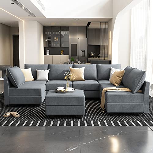 HONBAY Reversible Sectional Modular Sofa Couch with Ottoman U Shaped Sectional Sleeper Sofa with Storage Oversized Sectional Sofa with Wide Chaise for Living Room, Bluish Grey