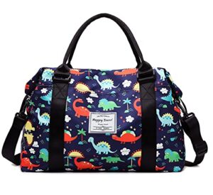 nrw travel duffle bag weekender overnight gym tote with dry and wet separated pocket for women girls shoulder bag workout water resistant (cute dinosaurs) (023)