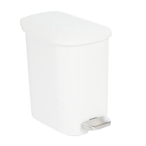 amazon basics compact bathroom plastic rectangular trash can with steel pedal step, white, 6 liters