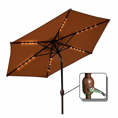 FQLY 7.5' Solar Powered Umbrella Double Top Market Table Umbrella Tilt Adjustment Red Parasol Outdoor Garden Patio Umbrella with LED Lights, Crank (Color : Brown, Size : 230cm(7.5FT))