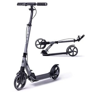 aero big wheels kick scooter for kids 8 years old, teens 12 years and up, youth and adults. commuter scooters with hand brake, soft rubber mat, shock absorption, foldable and height adjustable.