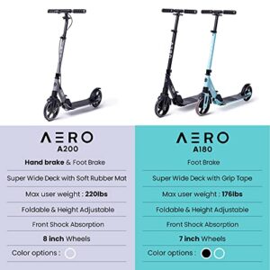 Aero Big Wheels Kick Scooter for Kids 8 Years Old, Teens 12 Years and up, Youth and Adults. Commuter Scooters with Hand Brake, Soft Rubber mat, Shock Absorption, Foldable and Height Adjustable.