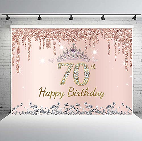 PHMOJEN 70th Birthday Backdrop for Women Pink Rose Gold Glitter Silver Diamonds 70 Year Old Birthday Party Decoration Photo Backdrop Happy 70 Bday Poster Vinyl 7x5ft Photo Booth Props BJGJPH44