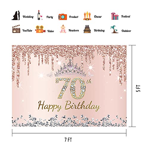 PHMOJEN 70th Birthday Backdrop for Women Pink Rose Gold Glitter Silver Diamonds 70 Year Old Birthday Party Decoration Photo Backdrop Happy 70 Bday Poster Vinyl 7x5ft Photo Booth Props BJGJPH44