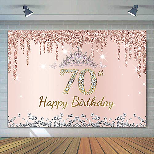 PHMOJEN 70th Birthday Backdrop for Women Pink Rose Gold Glitter Silver Diamonds 70 Year Old Birthday Party Decoration Photo Backdrop Happy 70 Bday Poster Vinyl 7x5ft Photo Booth Props BJGJPH44