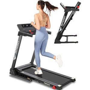 impremey folding treadmill with incline, electric treadmill with 42” x 16” large running belt, heart rate monitor, easy assembly, 64 preset programs, 7.5 mph speed, 2.5hp, compact design for home