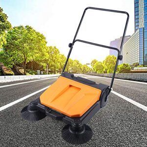 walk behind sweeper hand push sweeper with dual side brooms industrial twin push floor sweeper manual push sweeper garage lawn outdoor sweeper broom street pavement sweeping cleaning tool (26" 15l)