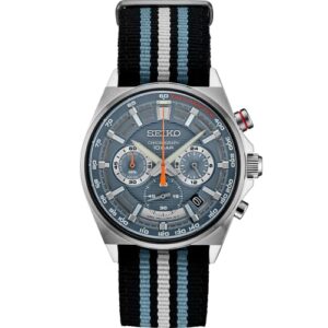 seiko ssb409 watch for men - essentials collection - quartz chronograph, tachymeter, blue dial with metallic and orange accents, racing stripe strap, and water-resistant to 100m