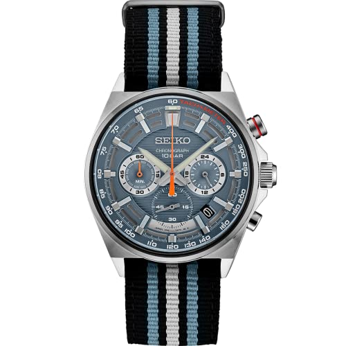 SEIKO SSB409 Watch for Men - Essentials Collection - Quartz Chronograph, Tachymeter, Blue Dial with Metallic and Orange Accents, Racing Stripe Strap, and Water-Resistant to 100m