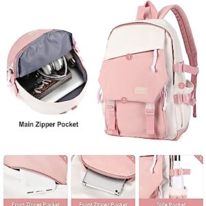 coowoz School Bag Lightweight Casual Daypack College Laptop Backpack for Men Women Water Resistant Travel Rucksack for Sports High School Middle Bookbag for girls(Pink white)