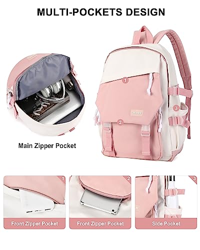 coowoz School Bag Lightweight Casual Daypack College Laptop Backpack for Men Women Water Resistant Travel Rucksack for Sports High School Middle Bookbag for girls(Pink white)