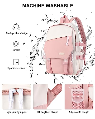 coowoz School Bag Lightweight Casual Daypack College Laptop Backpack for Men Women Water Resistant Travel Rucksack for Sports High School Middle Bookbag for girls(Pink white)