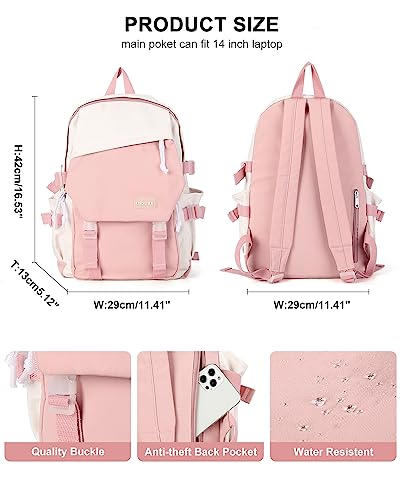 coowoz School Bag Lightweight Casual Daypack College Laptop Backpack for Men Women Water Resistant Travel Rucksack for Sports High School Middle Bookbag for girls(Pink white)