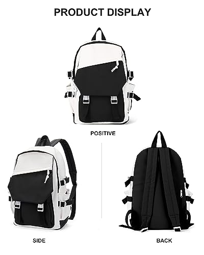 coowoz School Bag Lightweight Casual Daypack College Laptop Backpack for Men Women Water Resistant Travel Rucksack for Sports High School Middle Bookbag for girls(Black white)