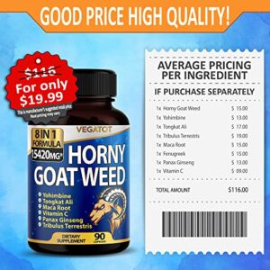 VEGATOT 8 in 1 High Strength Horny Goat Weed 15,420MG Concentrated Extract with Yohimbine Tongkat Ali Maca Root Fenugreek Boost Energy Stamina 3-Month Supply (90 Count (Pack of 1))