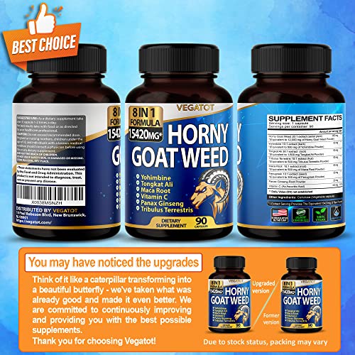 VEGATOT 8 in 1 High Strength Horny Goat Weed 15,420MG Concentrated Extract with Yohimbine Tongkat Ali Maca Root Fenugreek Boost Energy Stamina 3-Month Supply (90 Count (Pack of 1))