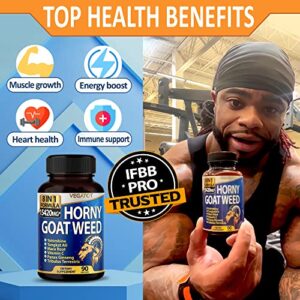 VEGATOT 8 in 1 High Strength Horny Goat Weed 15,420MG Concentrated Extract with Yohimbine Tongkat Ali Maca Root Fenugreek Boost Energy Stamina 3-Month Supply (90 Count (Pack of 1))