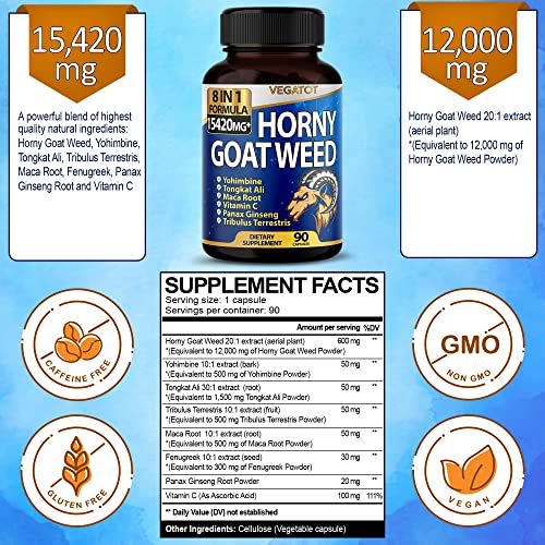 VEGATOT 8 in 1 High Strength Horny Goat Weed 15,420MG Concentrated Extract with Yohimbine Tongkat Ali Maca Root Fenugreek Boost Energy Stamina 3-Month Supply (90 Count (Pack of 1))