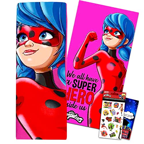 Zagtoon Miraculous Ladybug Beach Towel Set - Bundle with Miraculous Ladybug Microfiber Pool Towel with Bonus Stickers & More (Miraculous Ladybug Bath Set)