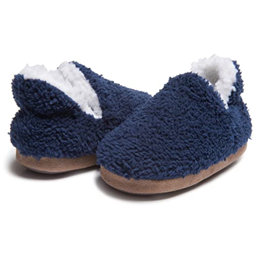 Lucky Brand Toddler Boys Non Slip Sherpa A-Line Home Slippers, Kids Rubber Sole Indoor Bedroom House Shoes, Navy, Size 9-10