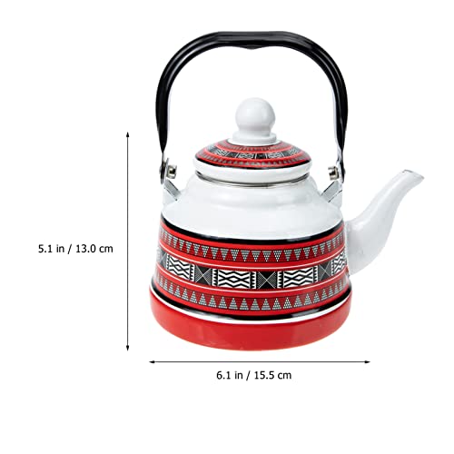 Zerodeko 1.1L Enamel Tea Kettle Stovetop Teapot Porcelain Enameled Teakettle Farmhouse Geometric Patterns Hot Water Kettle Pot for Camping Outdoor Kitchen Hotel Red