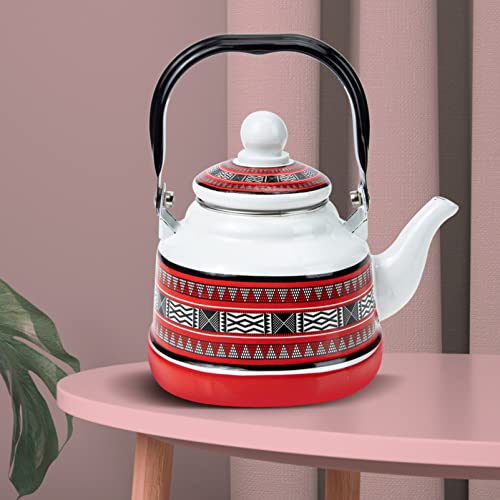 Zerodeko 1.1L Enamel Tea Kettle Stovetop Teapot Porcelain Enameled Teakettle Farmhouse Geometric Patterns Hot Water Kettle Pot for Camping Outdoor Kitchen Hotel Red