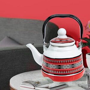 Zerodeko 1.1L Enamel Tea Kettle Stovetop Teapot Porcelain Enameled Teakettle Farmhouse Geometric Patterns Hot Water Kettle Pot for Camping Outdoor Kitchen Hotel Red