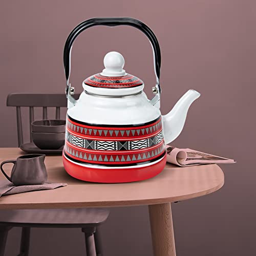 Zerodeko 1.1L Enamel Tea Kettle Stovetop Teapot Porcelain Enameled Teakettle Farmhouse Geometric Patterns Hot Water Kettle Pot for Camping Outdoor Kitchen Hotel Red