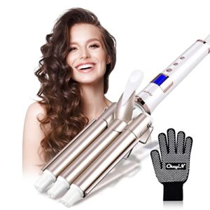 ckeyin 3 barrel curling iron wand hair waver with lcd 16 temperature control display, ceramic tourmaline crimper hair iron with glove, for all hair types crimper beach waving styling (display)