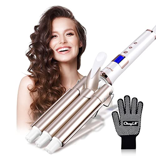 CkeyiN 3 Barrel Curling Iron Wand Hair Waver with LCD 16 Temperature Control Display, Ceramic Tourmaline Crimper Hair Iron with Glove, for All Hair Types Crimper Beach Waving Styling (Display)