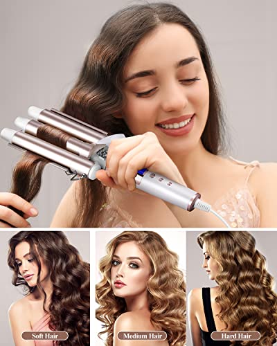 CkeyiN 3 Barrel Curling Iron Wand Hair Waver with LCD 16 Temperature Control Display, Ceramic Tourmaline Crimper Hair Iron with Glove, for All Hair Types Crimper Beach Waving Styling (Display)