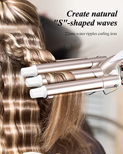CkeyiN 3 Barrel Curling Iron Wand Hair Waver with LCD 16 Temperature Control Display, Ceramic Tourmaline Crimper Hair Iron with Glove, for All Hair Types Crimper Beach Waving Styling (Display)