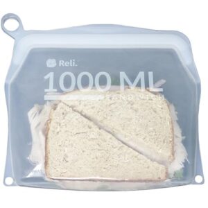 reli. reusable silicone bag (1 pack) | sandwich (1000 ml), clear | silicone bag for food storage | reusable food storage bag for food, meal prep, storage | leak-proof, dishwasher/freezer safe