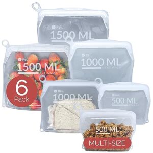 reli. reusable silicone bags (6 pack, multi-size) | 2 snack, 2 sandwich, 2 gallon - clear | silicone bags for food storage | reusable food storage bags for food, meal prep | dishwasher/freezer safe