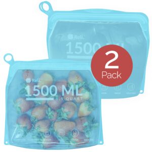 reli. reusable silicone bags (2 pack) | gallon (1500 ml), aqua | silicone freezer bags for food storage | reusable food storage bags for food, meal prep, storage | dishwasher/freezer safe