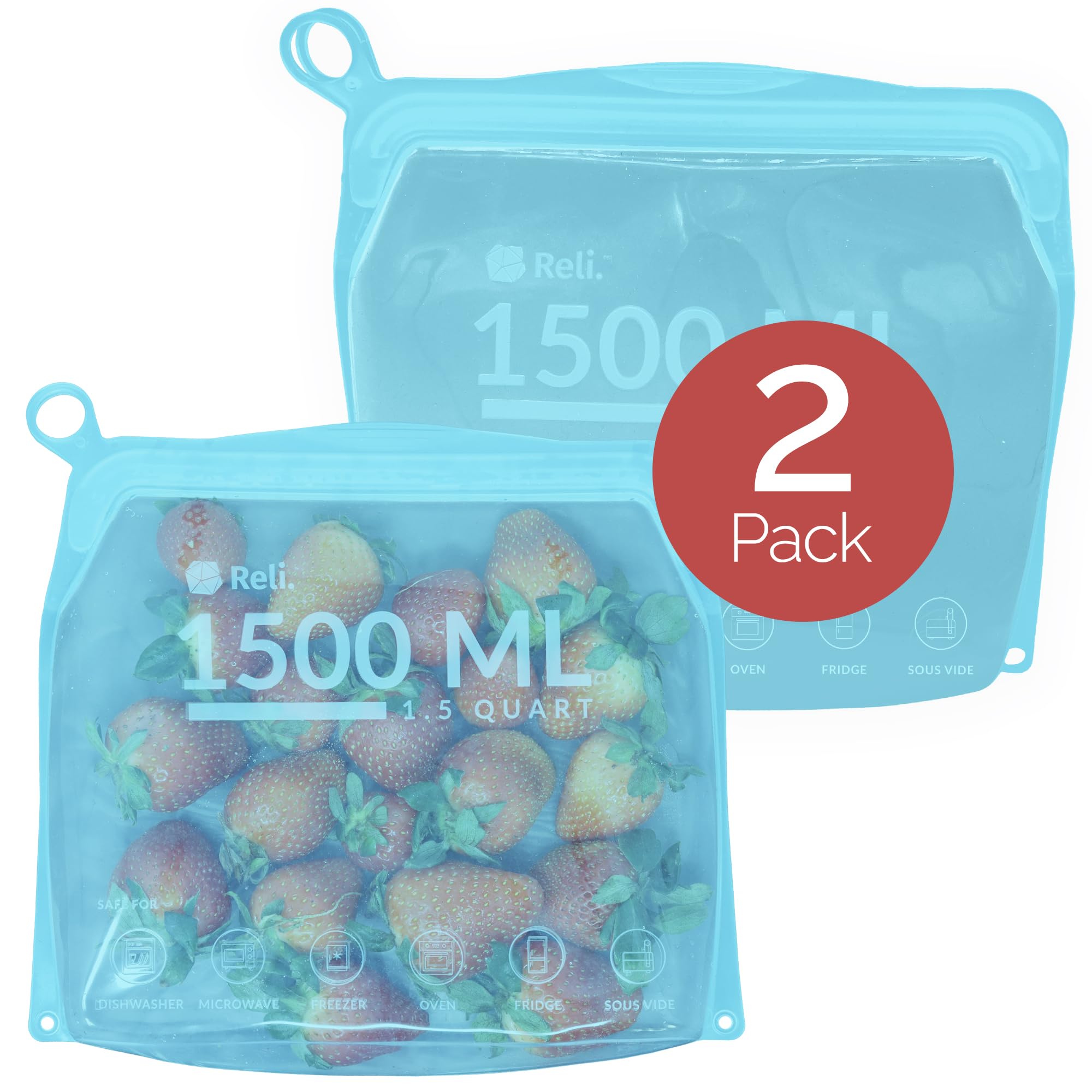 Reli. Reusable Silicone Bags (2 Pack) | Gallon (1500 ml), Aqua | Silicone Freezer Bags for Food Storage | Reusable Food Storage Bags for Food, Meal Prep, Storage | Dishwasher/Freezer Safe