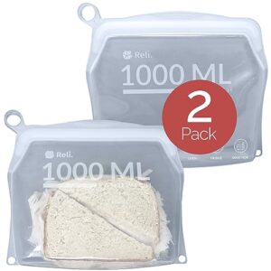 reli. reusable silicone bags (2 pack) | sandwich (1000 ml), clear | silicone bags for food storage | reusable food storage bags for food, meal prep, storage | leak-proof, dishwasher/freezer safe