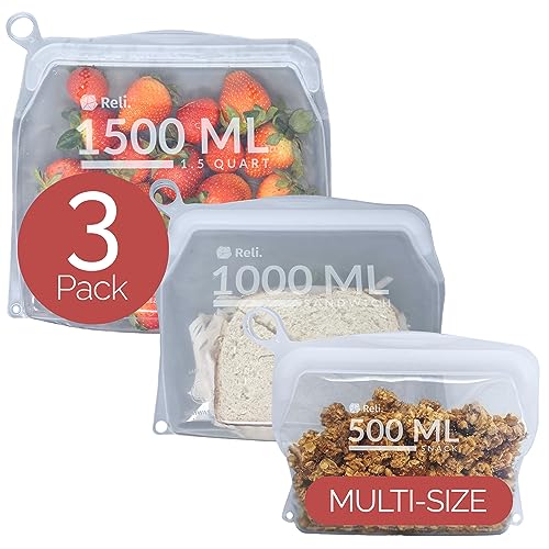 Reli. Reusable Silicone Bags (3 Pack, Multi-Size) | 1 Snack, 1 Sandwich, 1 Gallon - Clear | Silicone Bags for Food Storage | Reusable Food Storage Bags for Food, Meal Prep | Dishwasher/Freezer Safe