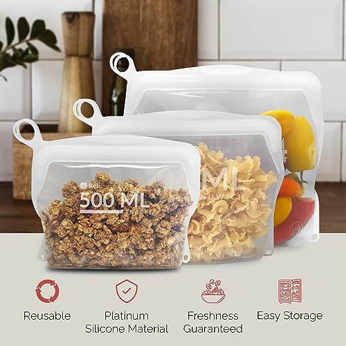 Reli. Reusable Silicone Bags (3 Pack, Multi-Size) | 1 Snack, 1 Sandwich, 1 Gallon - Clear | Silicone Bags for Food Storage | Reusable Food Storage Bags for Food, Meal Prep | Dishwasher/Freezer Safe