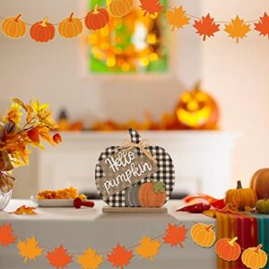 Super Holiday Fall Hello Pumpkin Sign Decorations, 12"/30CM Wooden Autumn Buffalo Plaid Tabletop Decor, for Home Farmhouse Living Room Harvest Day Thanksgiving Decor.