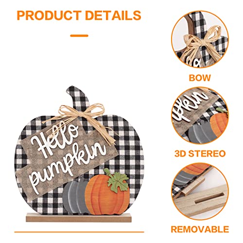 Super Holiday Fall Hello Pumpkin Sign Decorations, 12"/30CM Wooden Autumn Buffalo Plaid Tabletop Decor, for Home Farmhouse Living Room Harvest Day Thanksgiving Decor.