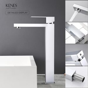 KENES Chrome Bowl Vessel Sink Facuet Single Handle Tall Bathroom Sink Faucet Bathroom Vanity Faucet Basin Mixer Tap with Water Supply Lines and Pop Up Sink Drain, LJ-9031A-5