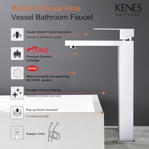 KENES Chrome Bowl Vessel Sink Facuet Single Handle Tall Bathroom Sink Faucet Bathroom Vanity Faucet Basin Mixer Tap with Water Supply Lines and Pop Up Sink Drain, LJ-9031A-5